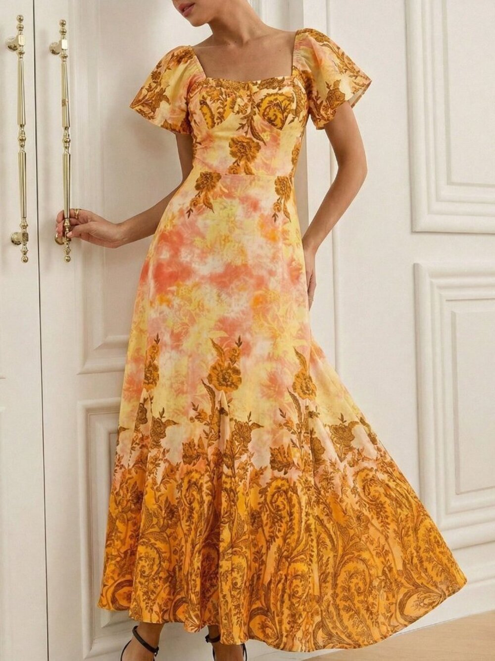 Orange Elegant Women's Floral Print Cap Sleeve Flared Hem Dress